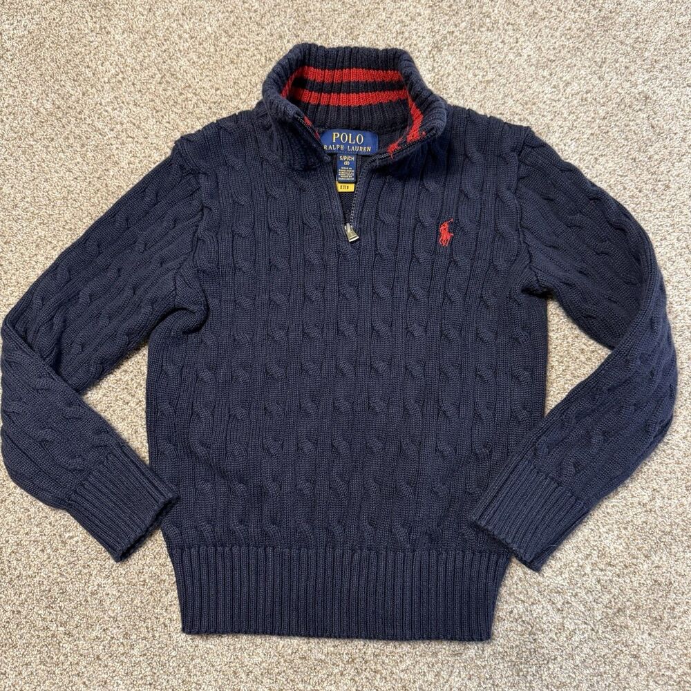 Polo Ralph Lauren Boys Cable Knit Quarter Zip Sweater Navy Blue Red Pony SZ S/8